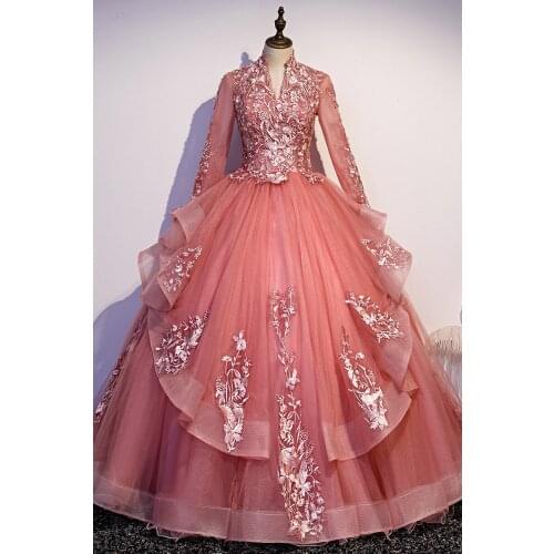 Luxury long sleeve pink ball gown drama stage Gown Costume Victoria Marie Antoinette Belle opera