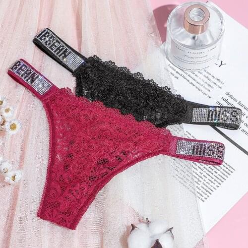 Sexy Womens Rhinestones Letter Belt Panties Female Hollow Lace Seamless Thongs Low Waist G-string Underwear Intimates Lingerie