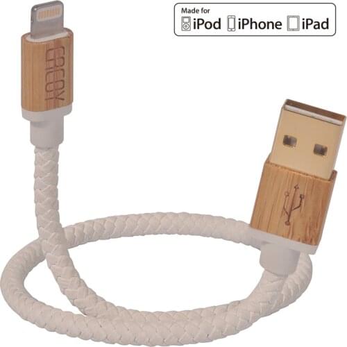MFi Certified 30cm Short USB Leather Cable with Wooden Connector for iPhone XS Max XR X 8 Plus 7 Plus 6s Plus 5s iPad - White