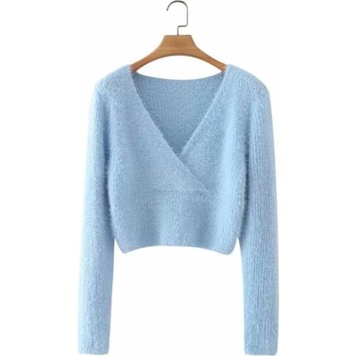 Blue autumn slim sweater women long sleeve v neck slim sexy criss cross sweater knitwear ladies short sweater