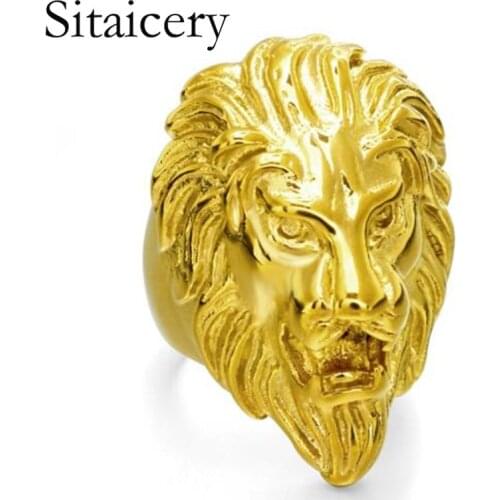 Sitaicery Hiphop Rock Lion Men Rings Trendy Titanium Steel Gold Ring Men Male Rings Party Jewelry Halloween Accessories