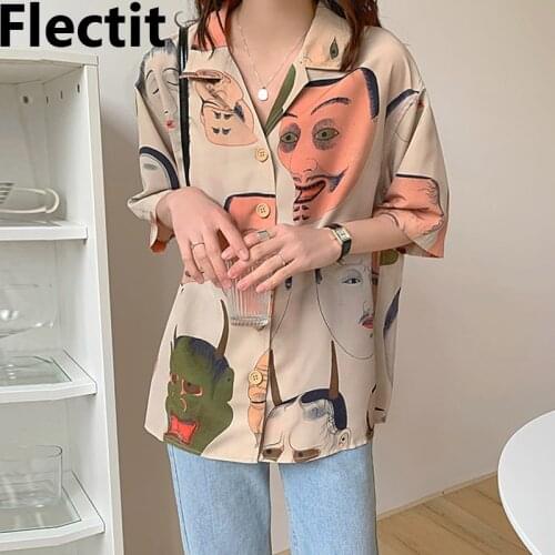 Flectit Wome Ukiyo-e Print Shirts Blouses Oversize Short Sleeve Collared Button Up Summer Tops 2021 Japanese Vintage Style