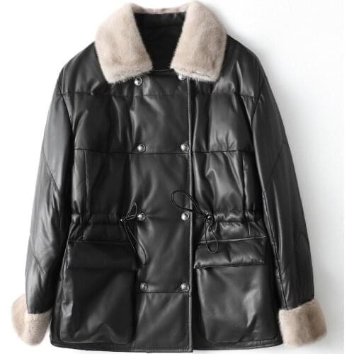 Temperament Medium Long Leather Down Womens 2021 Winter Mink Wool Collar Sheepskin Coat Simple Warm Thick Black Classic Jacket