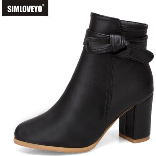SIMLOVEYO Spring Autumn Ankle Boots Waterproof Woman Round Toe Bow Zipper 2022 7cm Chunky Square Heels Small Big 32-52 S2415