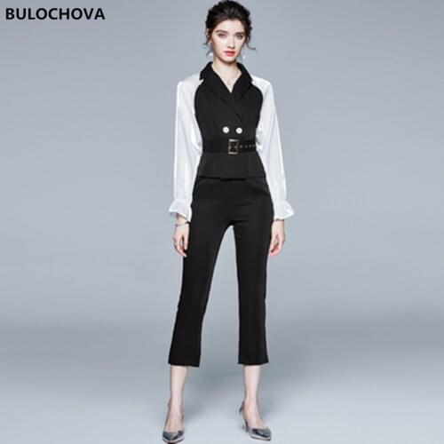 High Quality Womens Pants Suit With Belt 2020 Autumn Fashion Organza Patchwork Sleeve Shirt Tops + Full Length 2 Pieces Sets
