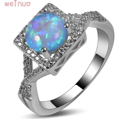 Weinuo Round Blue Opal Square White Crystal Ring 925 Sterling Silver Top Quality Jewelry Wedding Ring Size 5 6 7 8 9 10 11 A273
