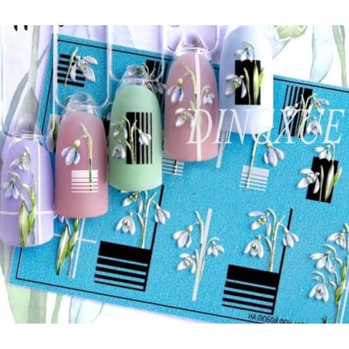 1pc 3D Acrylic Engraved flower Nail Sticker Embossed black line with Flower Water Decals Empaistic Nail Water Slide Decals Z0105