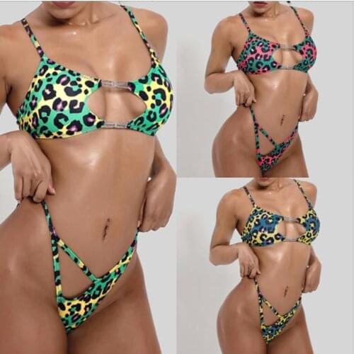 2Pcs Sexy Women Summer Leopard Bikinis Set , Multicolor Printed V-Neck Bra + High Waist Panty Bikini Set for Girls
