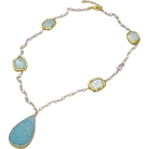 JK Amazonite Colorful Natural Pearl Chain Necklace Peruvian Amazonite Bezel set Pendant