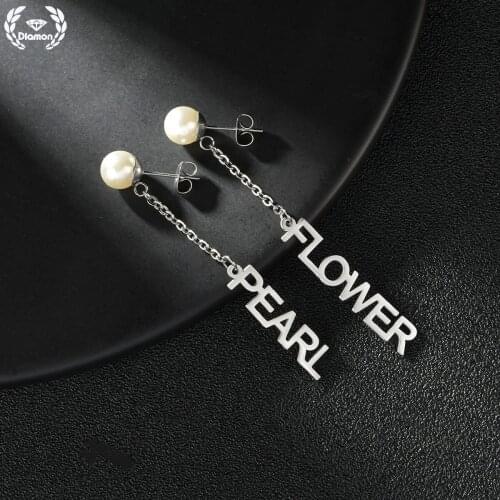 Diamon Personalized Stainless Steel Long Pearl Earrings for Women Custom Name Letters Drop Earrings Silver Jewelry Set Girl Gift