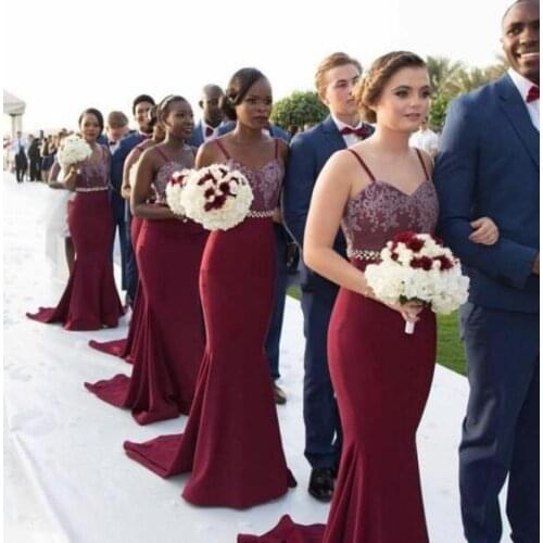 Burgundy South African Bridesmaid Dresses Mermaid Spaghetti Straps Appliques Beaded Long Wedding Party Dresses