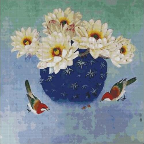 Oil Painting Vase, Flower, Bird Top Quality Embroidery Needlework 14CT Unprinted Cross Stitch Kits DIY Arts Handmade Home Decor