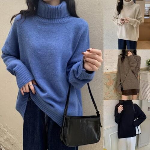 Kili Womens Fashion Loose Solid Color Turtleneck Pullover Base Knit Sweater One Size