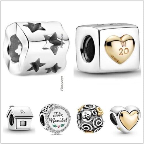 Original 925 Sterling Silver Two Tone Domed Golden Heart Charm Beads Fit Pandora Bracelet & Necklace Jewelry