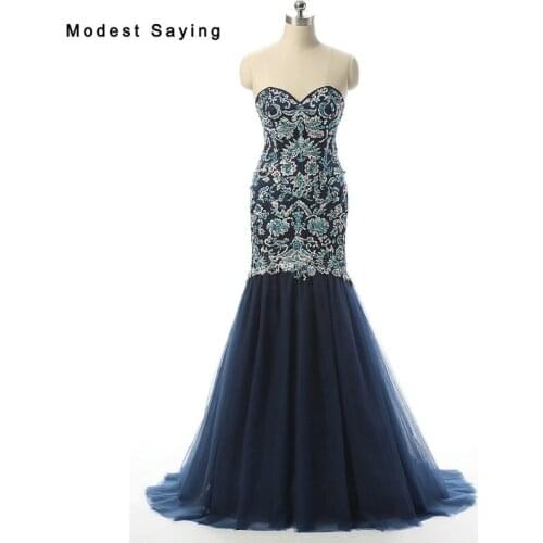Luxury Navy Blue Mermaid Beaded Embroidery Lace Evening Dresses 2017 with Crystal Formal Women Party Prom Gowns robe de soiree