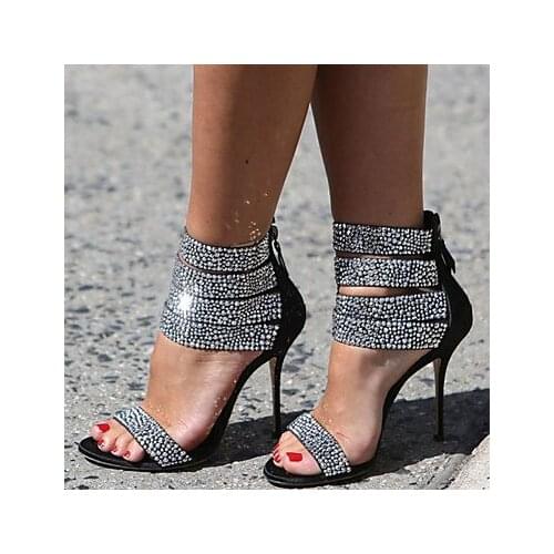 Elegant Crystal Embellished High Heel Sandals Cut-out Peep Toe Ankle Strap Dress Shoes For Women Back Zipper Cage Shoes Size 10