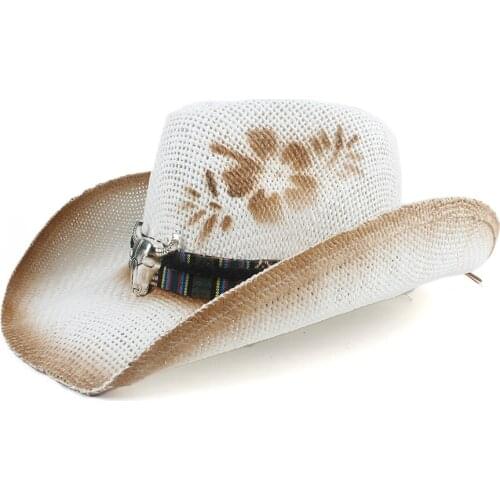 Flower Women Straw Hollow Western Cowboy Hat Lady Handmade Bohemia Sombrero Hombre Beach Cowgirl Jazz Sun Hat Size 56-58CM