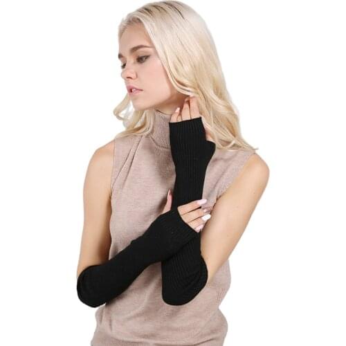 Sparsil Women Winter Arm Warmers Cashmere Fingerless Long Gloves Solid Warm Mittens Elbow Thread Knitted Sleeves 50cm Glove