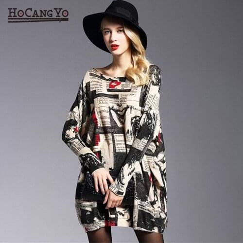 HCYO Fashion Oversized Knitted Sweaters Womens Clothing Pullovers Jumpers Slash Neck Batwing Sleeve Long Print Sweater Shirts