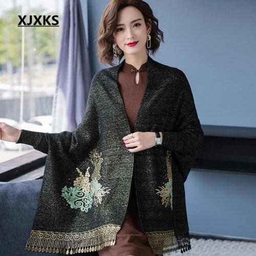 XJXKS High quality gold silk knitted women shawl 2021 autumn winter new loose plus size high quality tassel women sweater shawl
