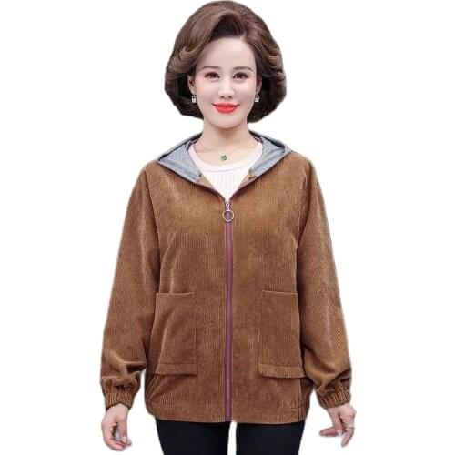 Middle-Aged Mother Autumn Winter Womens Jackets Corduroy Plus Velvet Thicken Ladies Outerwear Hooded Zipper Female Coat 5XL