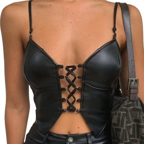 Womens Sexy Sleeveless Sling Tops Solid Color PU Leather V-neck Vest Casual Tight Lace-up Clothing Party Club Tank Tops Camis