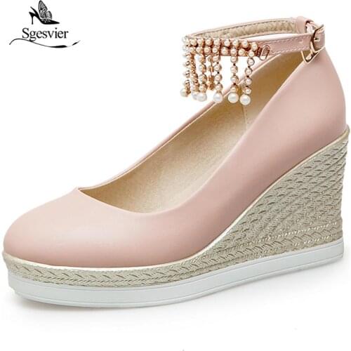 SGESVIER 2018 New Women Pumps Wedge Heels Round Toe Shoes For Woman Ankle Straps Platform Heel Spring Casual Shoes Lady OX296