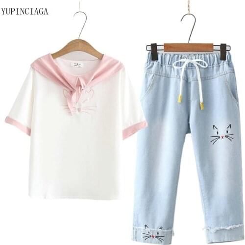 2 Piece Set Women Flanging Embroidered Cat Jeans + Short Sleeved T-shirt Suit Femme Elastic Waist Straight Trousers 2116071