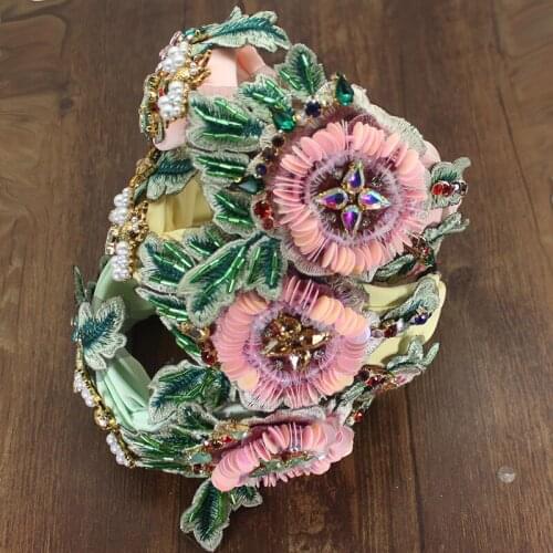 New Elegant Fashion Hair Accessories Big Flower Sequins Green Crystal Leaves Baroque Hairband Bow Headwear For Women Wedding