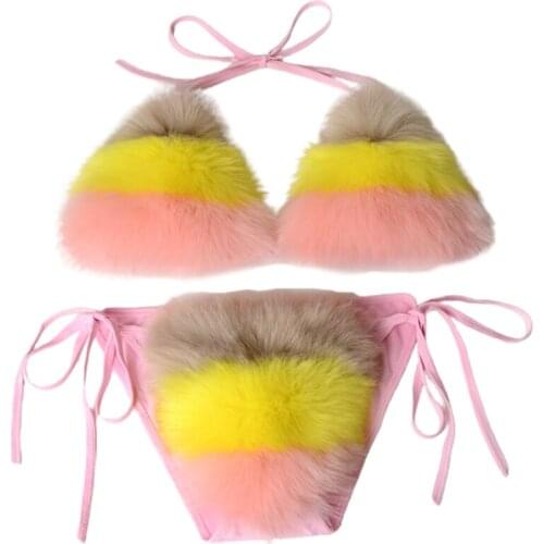40GC Women Sexy 2pcs Bikini Set Faux Fur Rainbow Striped Halter Tie Swimsuit Clubwear