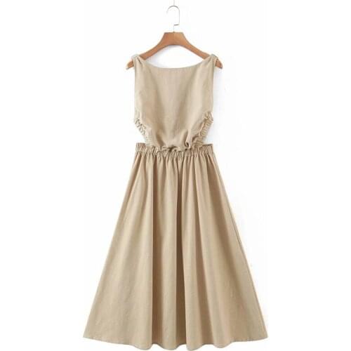 ZA Women Fashion Backless Elastic Straps Khaki Cotton Long Dresses Female Stylish High Waist Spring A-line Dress Chic