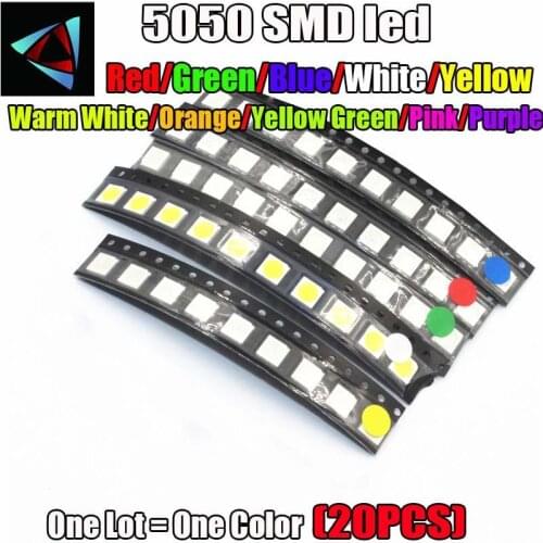 20pcs 5050 White/warm white/Blue/Green/RED/YELLOW Pink Orange Purple RGB SMD/SMT LED 5050 smd led 60MA 10-18LM 0.2W