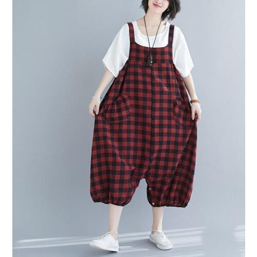 2021 New Spring Summer Cotton Linen Plaid Jumpsuits Casual Strap Checkered Wide Leg Pants Pocket Overalls Rompers Loose Outfit