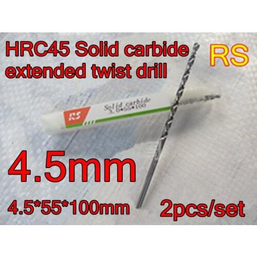 4.5*55*100mm 2pcs/set HRC45 High quality Solid carbide extended twist drill Free shipping