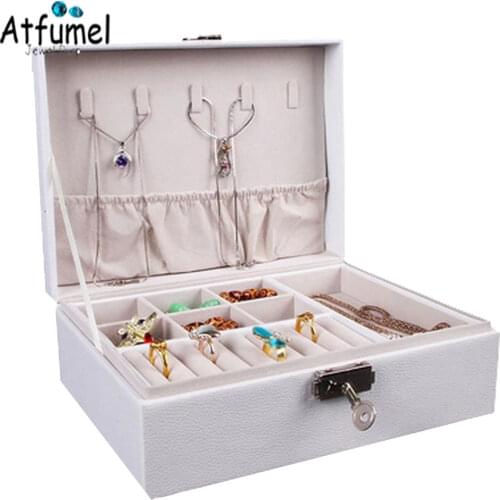 Large Capacity Beads Storage Box 2 Layer PU Leather Ring Earring Neckalce Jewelry Organizer Case With Lock Lady Room Jewelry Box