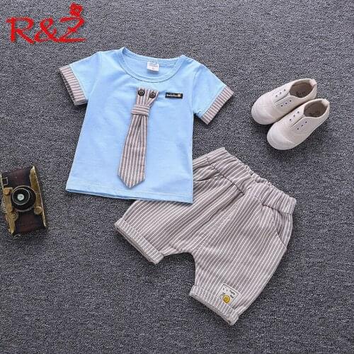 R&Z Childrens Set 2019 Summer New Boys Cotton Casual Set Tie Short Sleeve Stripe Pants Two-piece Set