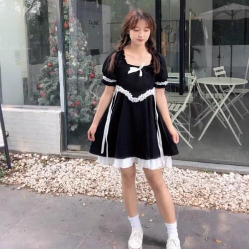 Y2K Kawaii Short Sleeve Black Dress Lolita Clothes Cosplay Maid Sweet Girl Retro Japanese Preppy Bandage Dresses Gothic Harajuku