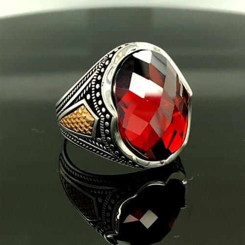 Red Zircon Gemstone Silver Ring , Vintage Shield Handmade Ring , Fathers Day Gift
