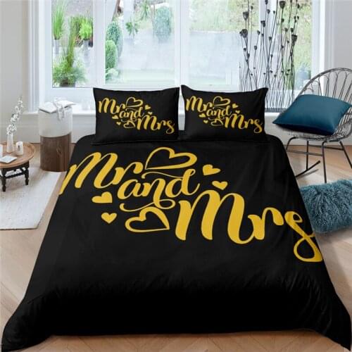 3D Romantic Letters Print 2/3Pcs For Couple Mr and Mrs Golden Bedding Sets Duvet Cover Pillowcase Home Textile Queen/ King Size