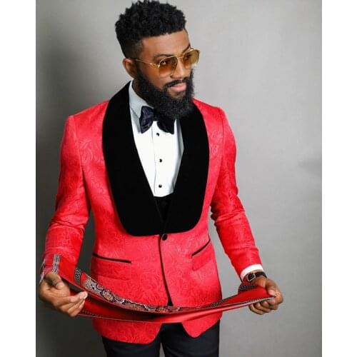 2019 Costume Homme Fashion Black Velvet Lapel Red Men Wedding Suit Tuxedo Groom Wedding Party Suits For Men Bridegroom Groomsmen