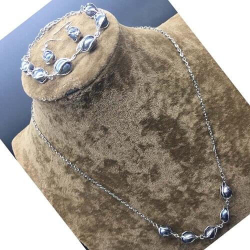 Natural Freshwater Pearl Cage Link Chain Necklace Bracelet Earrings Set