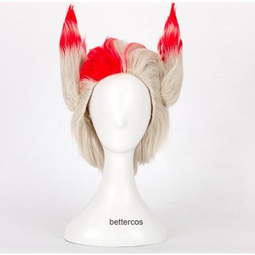 LOL Rakan Cosplay Wig 30cm Silver Mix Red Heat Resistant Synthetic Hair Wig + Wig Cap + Two Ears