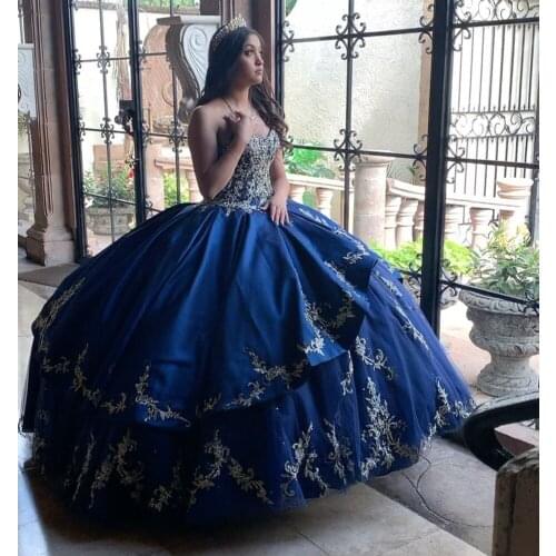 Amazing Ball gown Quinceanera dress 2022 Satin Appliques long Blue Sleeveless Sweet 15 16 Birth vestidos de fiestaday