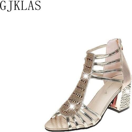 Gladiator Sandals Women Shoes High Heel Silver Gold Chunky Heels Crystal Woman Sandals High Heels Shoes for Women Party Sandal