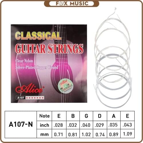 Original Alice 1st-6th 1 Set Classical Guitar Strings Clear Nylon Core Silver Plated Copper Alloy Wound Normal Tension A107-N