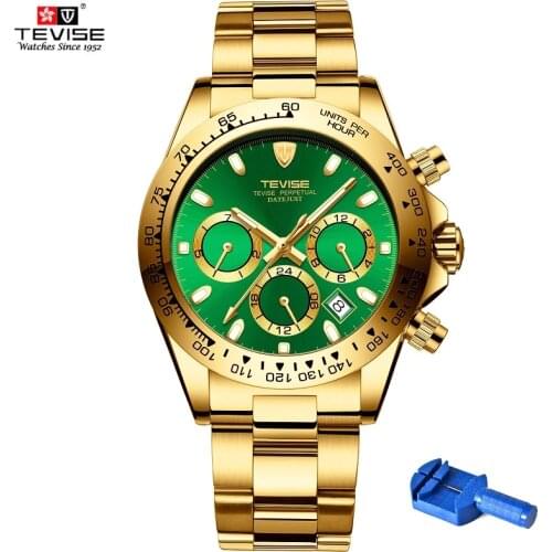 TEVISE Gold Green Mechanical Watch Man Calendar Luminous Hand Luxury Automatic Self-Wind Wristwatches With Watchband Fixing Tool