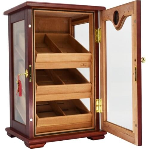 High-end Havana Cigar Humidor 3 Cedar wood Lined Trays Display Desktop Cabinet Tempered Glass Cigar Case W Hygrometer boite ciga