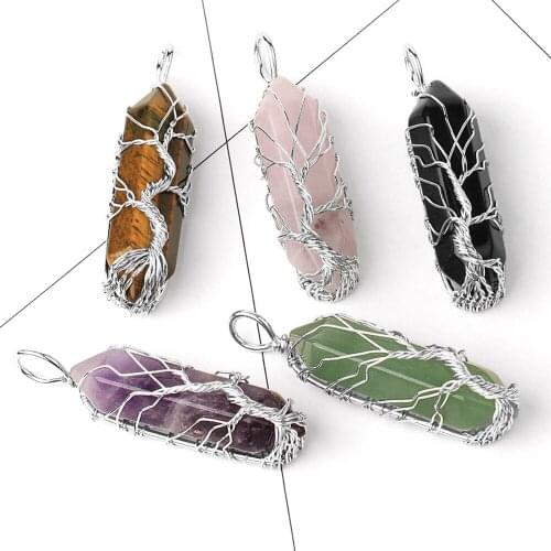 Reiki 7 Chakra Sliver Wire Wrap Tree Of Life Copper Pendant Natural Amethyst Crystal Necklace Rose Quartz Gemstone Women Jewelry