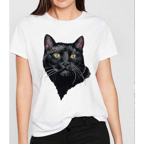 Summer 2020 Women Fashion Black Cat Print Kawaii Harajuku Vintage Female T-Shirt Casual Streetwear Aesthetic Tops Short Sleeve
