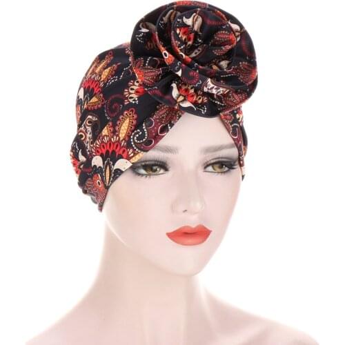 Women Printed Big Flower Headscarf Bonnet Turban Hat Turbante Femme Musulman India Hat Islamic Head Wrap Turban
